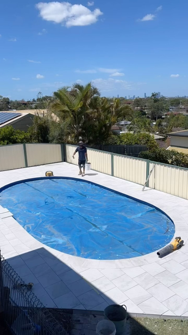Big week by the team getting this pool surrounds done! Beautiful day for grouting 🔥😍